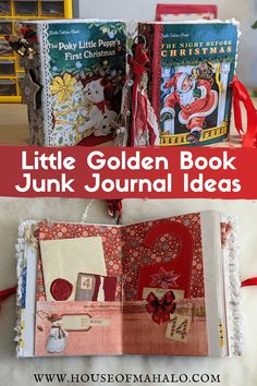 the little golden book junk journal has been made into a christmas card holder with ribbon