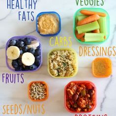 an assortment of healthy foods are shown in small bowls on a marble countertop with the words, healthy fats, carbs, dressings, fruits, seeds / nuts, and proteins