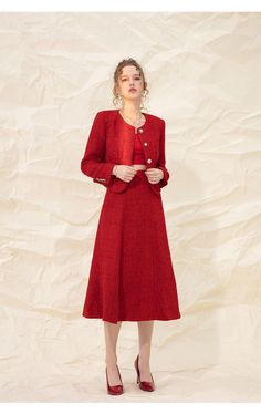 Introducing the epitome of timeless elegance - the Red Retro High-End Tweed Two-Piece Skirt Suit by Tipa. This luxurious ensemble is designed to make a statement, making it the perfect choice for weddings and other special occasions. Crafted with meticulous attention to detail, this red tweed skirt suit exudes sophistication and refinement. The high-quality tweed fabric adds a touch of texture and depth, while the retro-inspired silhouette adds a classic charm that never goes out of style. The j Elegant Tweed Suits For Winter, Elegant Tweed Skirt Suit For Office, Elegant Formal Wool Skirt Suit, Elegant Wool Skirt Suit For Formal Occasions, Formal Tweed Fitted Skirt Suit, Formal Fitted Single-breasted Tweed Dress, Elegant Red Sets For Fall, Classic Tweed Skirt Suit With Long Sleeve Jacket, Classic Long Sleeve Tweed Skirt Suit