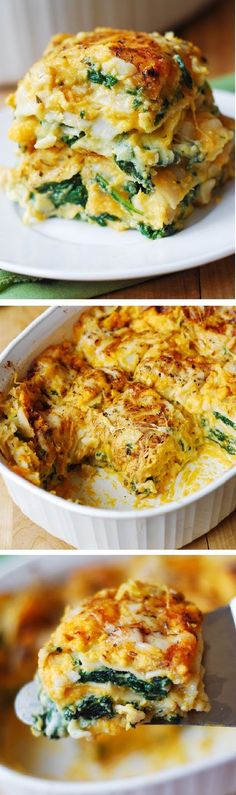 four different views of a casserole dish with spinach and cheese