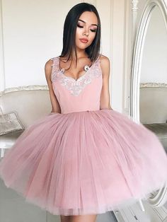 Tulle V-neck Sleeveless A-line Short/Mini With Lace Prom Dresses - Prom Dresses Tulle Neckline, Tulle Balls, Vestidos Color Rosa, Mini Homecoming Dresses, Tulle Homecoming Dress, Pink Homecoming Dress, Short Party Dress, Tulle Ball Gown, Mini Dresses Online