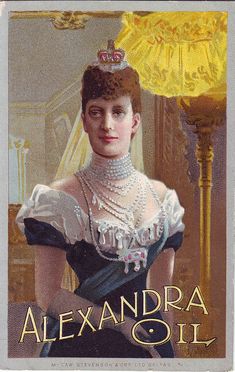 an advertisement for alexandria oil with a woman in a dress and pearls on her head