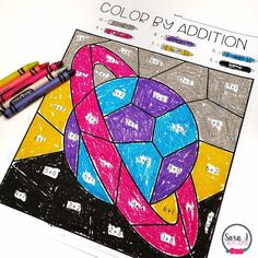 a coloring page with crayons and markers next to it that says color by addition