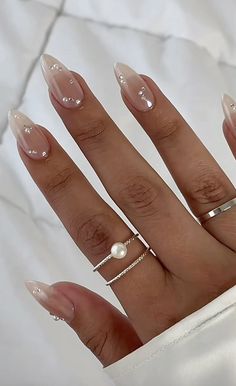 Chrome French Tip Nails With Pearls, Almond Nails Wedding Classy, Pearl Almond Nails Designs, Color On Color French Tip, Pearl Art Nails, Wedding Nails With Pearls Brides, Prom Nail Inspo Elegant, Nails Design With Pearls, Birthday Nails Pearls