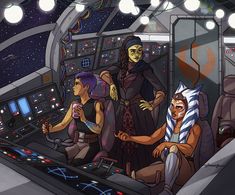 some people are sitting in the cockpit of a space ship and one person is holding a drink