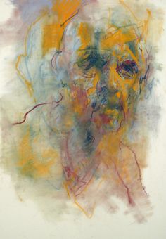 an abstract painting with yellow and blue colors on white paper, in the shape of a man's face