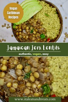 jamaican lentils and couscous in a bowl with the title vegan caribbean recipes