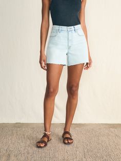 Organic Cotton Denim Short - Cloudbreak Wash High Rise Cotton Bermuda Shorts For Summer, Summer Jeans With Frayed Hem And Short Cut, Light Wash Cotton Jean Shorts With Frayed Hem, Summer Cotton Cutoff Jean Shorts, Summer Relaxed Fit Cutoff Jean Shorts, High Rise Relaxed Fit Bermuda Shorts For Summer, High Rise Bermuda Shorts With Relaxed Fit For Summer, Cotton Cutoff Jean Shorts For Summer, Cotton Cutoff Jean Shorts With Frayed Hem