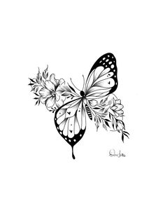 a black and white drawing of a butterfly with flowers on it's back wing