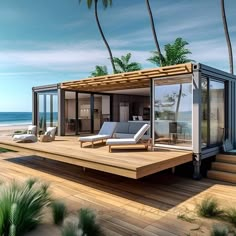 an artist's rendering of a house on the beach with lounge chairs and palm trees