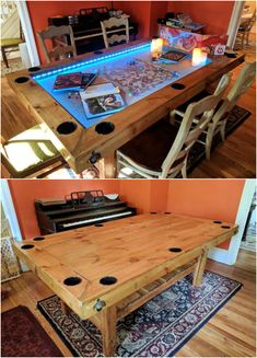 two pictures of a table with lights on top and an image of the same table