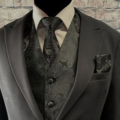 Black Paisley Men's Vest Longtie and Pocket Square 3pcs | Etsy Elegant Groom's Set With Ties, Elegant Sets With Ties For Groom, Fitted Black Suits With Ties, Black Fitted Suits With Ties, Elegant Black Suits With Ties, Elegant Black Suit With Ties, Fitted Business Sets With Ties, Black Suit With Ties For Formal Occasion, Formal Black Suits With Ties