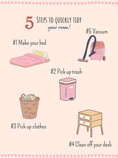 Do you ever have trouble just doing a quick tidy in your room?? Well I do! Here's a list to get you started with just a basic cleaning of your room.