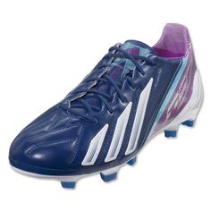 a blue soccer shoe with purple and white stripes on the bottom, and pink accents