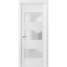 a white door with glass panels on the front and side panel, against a white background