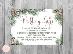 a wedding gift card with pine cones on it