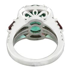 Stamped: 14K Total Ring Weight: 9 Grams Emerald Weight 3.80 Carat (11.60x9.00 Millimeters)Ruby Weight 0.40 Carat (4.20x2.20 Millimeters)Diamond Weight: 1.00 carat (F-G Color, VS2-SI1 Clarity )Face Measures: 15.30x13.70 Millimeter SKU: [600637] Luxury Gia Certified Gemstones, Luxury Diamond Ring With Emerald Accent Stones, Luxury Emerald Ring With Cushion Cut Center Stone, Luxury Emerald Gemstones With Accent Stones, Luxury Emerald-cut Ruby Ring, Luxury Cushion Cut Emerald Ring With Center Stone, Luxury Emerald Ring With Baguette Cut And Accent Stones, Luxury Halo Ring With Round Cut Gemstone, Luxury Emerald Cut Gemstone Halo Ring