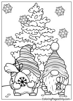 two cartoon characters are standing in front of a christmas tree with snowflakes on it