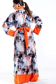 orange kimono dress women Black Maxi Length Kimono For Spring, Spring Black Maxi-length Kimono, Elegant Orange Printed Maxi Dress, African Kimono, Elegant Loungewear, Floral Evening Gown, Copper Dress, Cotton Dressing Gown, Custom Robes