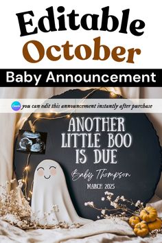 Halloween baby announcement digital template Unique Gender Reveals, October Pregnancy Announcement, Halloween Baby Announcement, Baby Announcement To Parents, Neutral Halloween, Pregnant With Boy, Gender Reveal Unique, Digital Baby Announcement