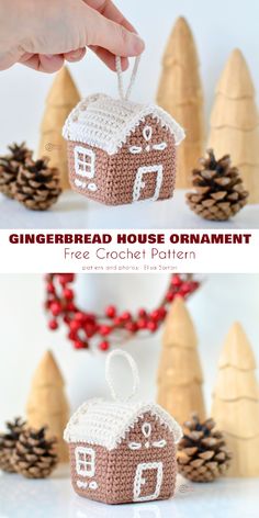 the gingerbread house ornament is made out of crochet