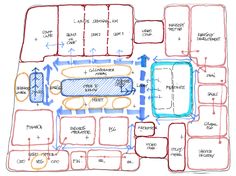 a drawing of a floor plan with different areas