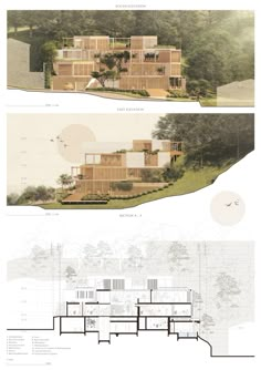 two diagrams showing different sections of the house, with trees and bushes in the background