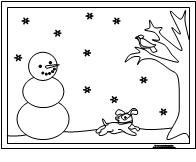 a coloring page with a snowman and a dog