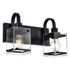 two light bathroom fixture in black finish with clear glass cubes on the front and sides