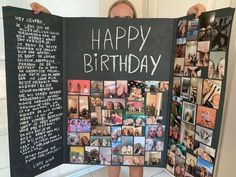 a woman holding up a birthday card with photos on it and the words happy birthday written in cursive writing