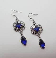 Blue Earrings Aesthetic, Dark Blue Accessories, Dark Blue Jewelry, Medieval Dresses, Dark Blue Earrings, Victorian Filigree, Goth Earrings, Oc Inspo, Princess Luna