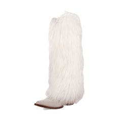 Unleash your "Bad and Boujee" style with the Snuggles leather boot. This 18-inch showstopper will have you cozy and stylish this season. The suede leather vamp is beautifully accented with a fluffy faux fur shaft, creating a luxurious and eye-catching contrast. With a 2 1/2-inch heel and a sleek snip toe, these boots are not just a statement piece; they're a fashion essential for those who dare to stand out. White Boots With Faux Fur Lining For Fall, White Leather Winter Boots, White Faux Fur Lined Boots For Fall, White Knee-high Boots With Round Toe For Winter, White Boots With Faux Fur Lining, White Leather Knee-high Boots For Winter, White Faux Fur Boots With Round Toe, White Leather Knee-high Party Boots, Luxury Fitted White Knee-high Boots