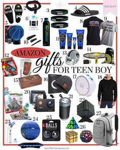 the ultimate gift guide for teen boys is on display in front of a white background