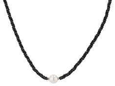 11mm Cultured Freshwater Pearl With Approximately 50.00ctw Black Spinel Rhodium Over Sterling Silver Necklace. Measures Approximately 17"L x 0.45"W. Lobster Clasp Closure. 2" extender. Formal Faceted Briolette Necklaces, Formal Briolette Faceted Necklace, Silver Faceted Pearl Necklace With Round Beads, Elegant Pearl Necklace With Faceted Rondelle Beads, Elegant Rondelle Pearl Necklace With Faceted Beads, Elegant Faceted Rondelle Pearl Necklace, Elegant Round Faceted Beads Jewelry, Elegant Rondelle Jewelry With Faceted Beads, Elegant Jewelry With Faceted Rondelle Beads