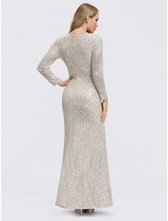 Sheath / Column Sexy Furcal Formal Evening Dress Plunging Neck Long Sleeve Floor Length Sequined with Sequin Split Front Side Split Dress, Long Sleeve Sequin Dress, Sequin Prom Dress, Formal Evening Dress, Sequin Evening Dresses, Long Sleeve Evening Dresses, Plunging Neck, Sequin Maxi Dress, Long Sleeve Sequin