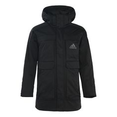 Adidas Outdoor Sport Hood Down Jacket Men And Black GN9836 (Couple) Black Parka For Winter Sports, Black Parka With Pockets For Winter Sports, Black Parka For Winter Sports And Fall, Casual Black Parka For Winter Sports, Black Hooded Outerwear For Winter Sports, Black Parka With Fleece Lining For Winter Sports, Sporty Black Parka For Fall, Black Sporty Parka For Fall, Black Sport Coat With Adjustable Hood For Outdoor