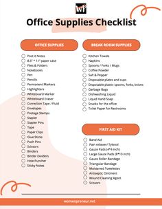 Office Supplies Checklist - free download printables #plannersforbusymoms #freeplannerinserts. New Office Supply Checklist, Checklist For Small Business, Basic Office Supplies List, Office Stationary List, Office Needs List, Work Office Supplies List, Stationery Small Business Ideas, Office Essentials Checklist, Business Essentials Products