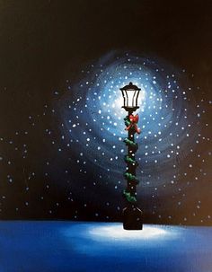 a painting of a lamp post with a christmas tree on it's side and stars in the background