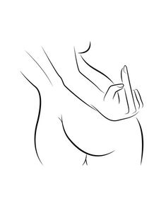 the outline of a woman's body with her hand on her chest, in black and white