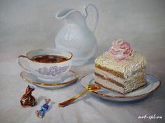 a painting of a piece of cake on a plate next to a cup of tea