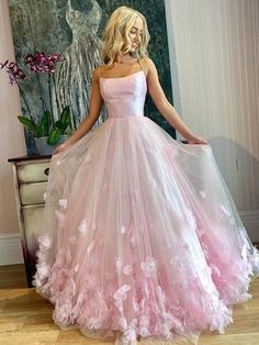 A-Line/Princess Bateau Tulle Applique Floor-Length Sleeveless Dresses - Prom Dresses Pink Tulle Evening Dress, 3d Applique, Pink Spaghetti, Prom Dresses Long Pink, Prom Dresses Elegant, Pink Evening Dress, Maxi Dress Wedding Guest, Spaghetti Strap Prom Dress, 파티 드레스