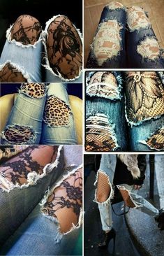 several different pictures of ripped jeans with leopard print on them and holes in the bottom