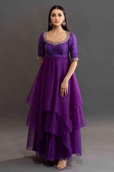 Shop for Kavitha Gutta Purple Organza Hitha Layered Anarkali for Women Online at Aza Fashions Kavitha Gutta, Frock Models, Simple Frock Design, Long Frock Designs, Long Gown Design, Simple Frocks, Anarkali Dress Pattern, Frock For Women, Long Gown Dress