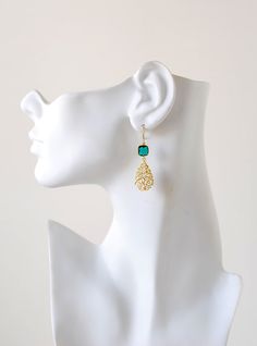 "These darling earrings are made with sparkling emerald green glass squares in gold plated framing and beautifully detailed filigree teardrop pendants with paisley pattern. Total length: approx. 1.9\" (49mm) Teardrop filigree pendants: matte gold plated, 25mm x 15mm light pink champagne glass squares: 8mm Ear Wires: gold plated over brass, high quality plated. anti-tarnish ♥ Click the link below to see more beautiful modern earrings: www.etsy.com/shop/LeChaim?section_id=17655958 ♥Thank you for s Elegant Nickel-free Danglers For Wedding, Wedding Earrings Gold, Paisley Earrings, Peach Earrings, Gold Paisley, Emerald Green Earrings, Gold Earrings Wedding, Dangle Earrings Gold, Wedding Bridesmaid Jewelry