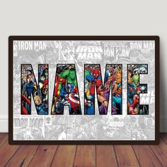 the word name is made up to 30 % off with images of superheros and their names