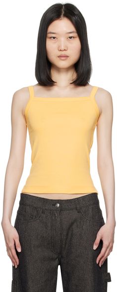 Organic cotton jersey camisole. Rib knit square neck and shoulder straps. Supplier color: Buttercup Square Neck Top With Adjustable Straps For Spring, Summer Cotton Tank Top With Square Neck, Square Neck Cotton Tank Top For Summer, Fitted Camisole Top With Adjustable Straps, Summer Square Neck Top With Adjustable Straps, Casual Cotton Camisole With Square Neck, Spring Square Neck Tank Top With Adjustable Straps, Spring Seamless Top With Square Neck, Spring Square Neck Stretch Camisole