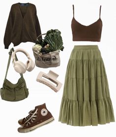 Outfit Ideas With Green Skirt, Earth Vibe Outfits, Simple Green Dress Casual, Earth Grunge Aesthetic Outfit, Green Asthetics Outfit, Green Flowy Skirt Outfit, Green Nature Outfit, Green Grunge Clothes, Earthy Outfits Skirts