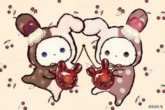 two teddy bears with hearts in their hands on a pink background that has berries and leaves all over it