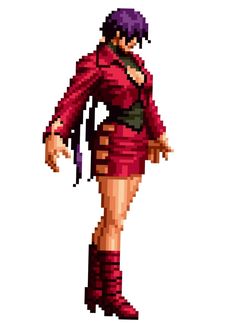 the pixel art of an anime character in red dress and purple boots, with her arms outstretched