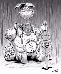 a black and white drawing of two people standing in front of a giant mechanical object